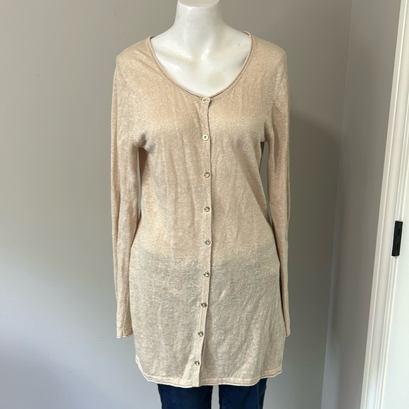 Lilly Pulitzer Jacey Gold Metallic Linen Blend Cardigan Sweater Shimmer Sparkle - Picture 2 of 9